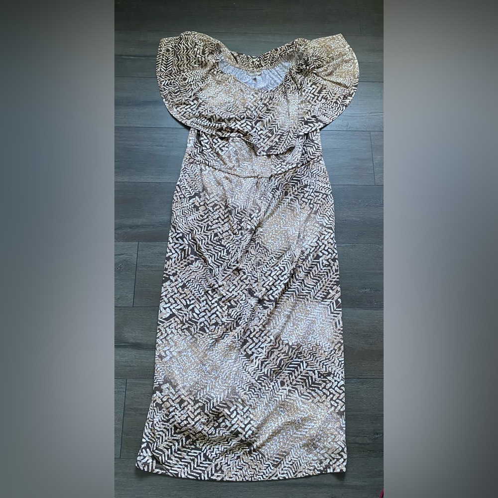 Woman Within Brown Geometric Print Off the Shoulder Maxi Dress Size 18/20